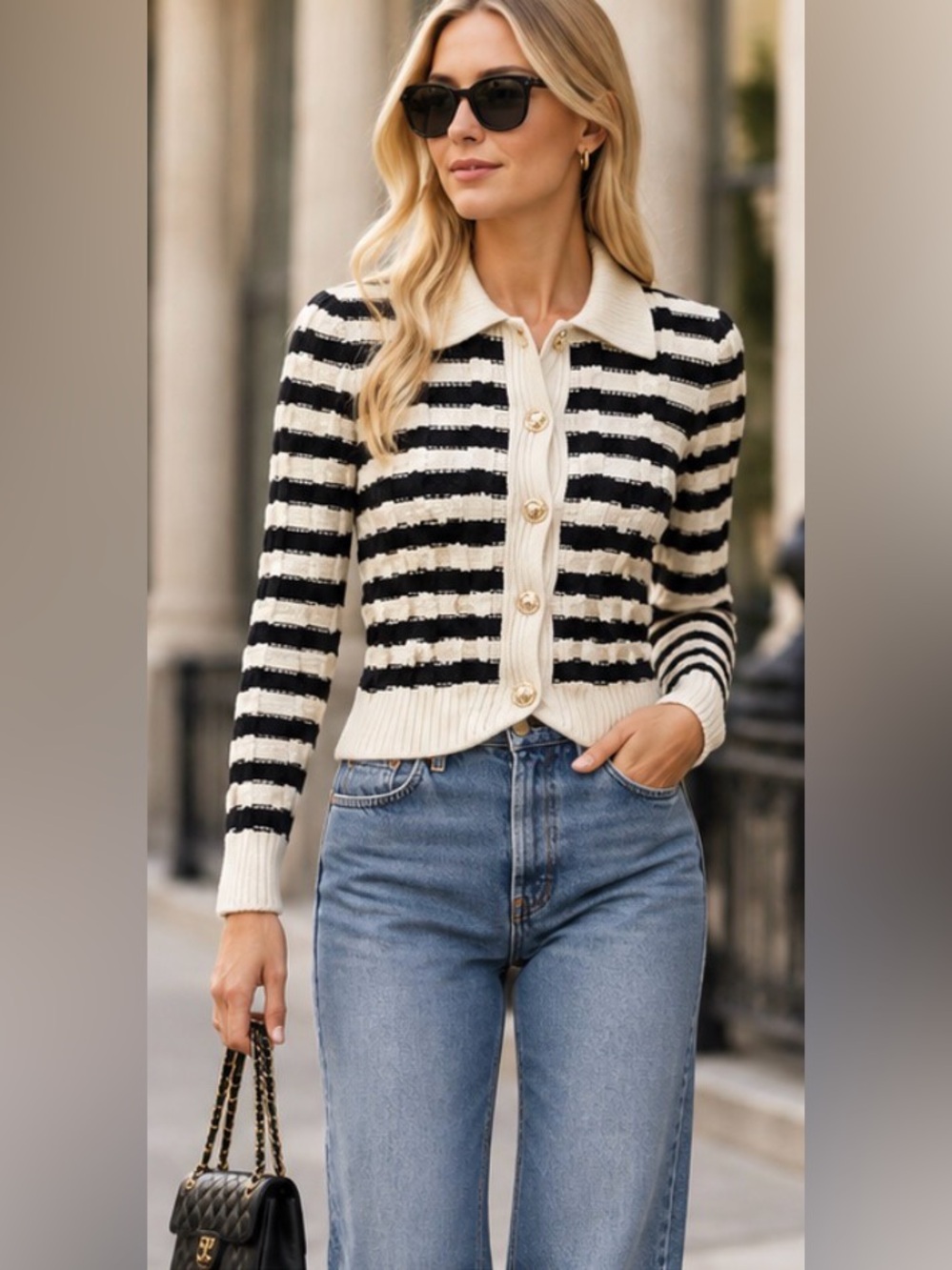 10 Crosby Derek Lam Black & Cream Striped Button-Front Cardigan